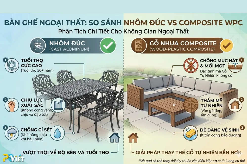 So sánh nhôm đúc và gỗ nhựa Composite cho lựa chọn sân vườn 2026
