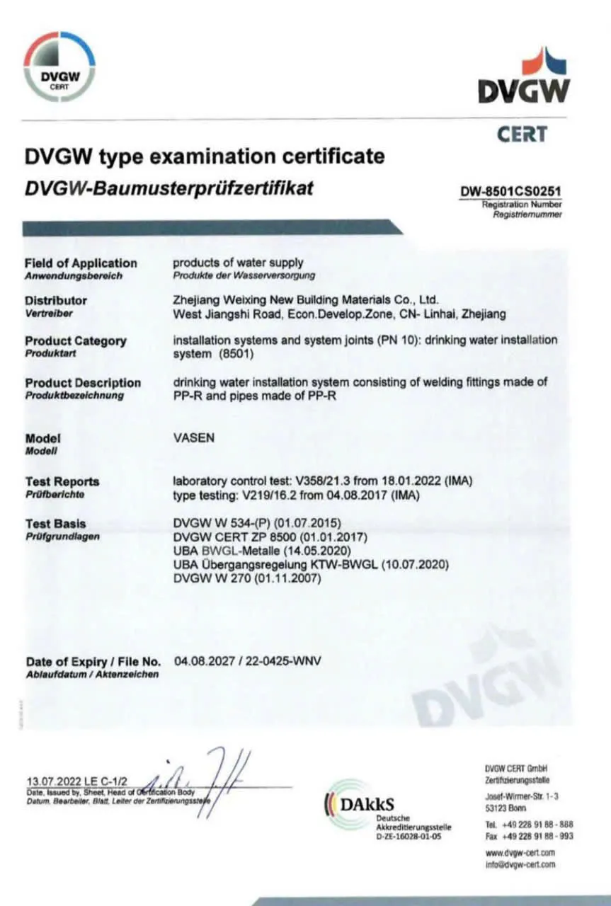 Chứng nhận DVGW (Đức) về hệ số kh&aacute;ng khuẩn