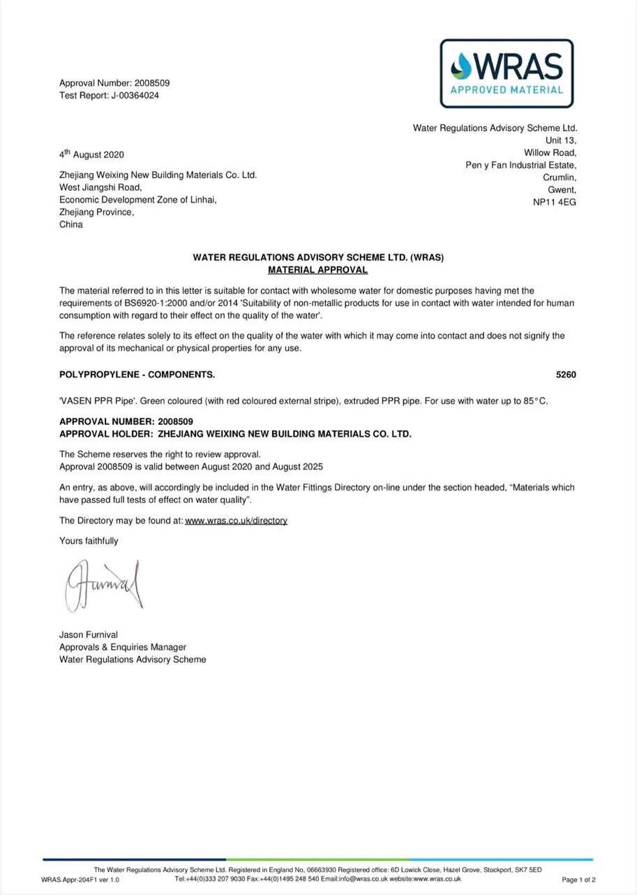 Chứng nhận WRAS (Anh) về an to&agrave;n vệ sinh thực phẩm