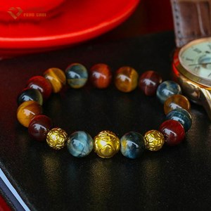 Vòng Tay Phong Thủy Đá Mắt Hổ Ba Màu 1A 10 Mix Charm Phúc Tài Lộc Vàng 24k